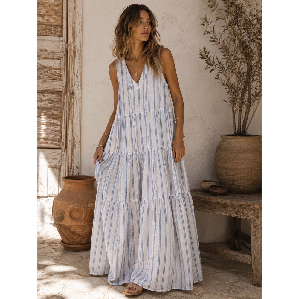 Karyn Seo Linen Tiered Maxi Dress Blue White Striped Sleeveless V-Neck Summer